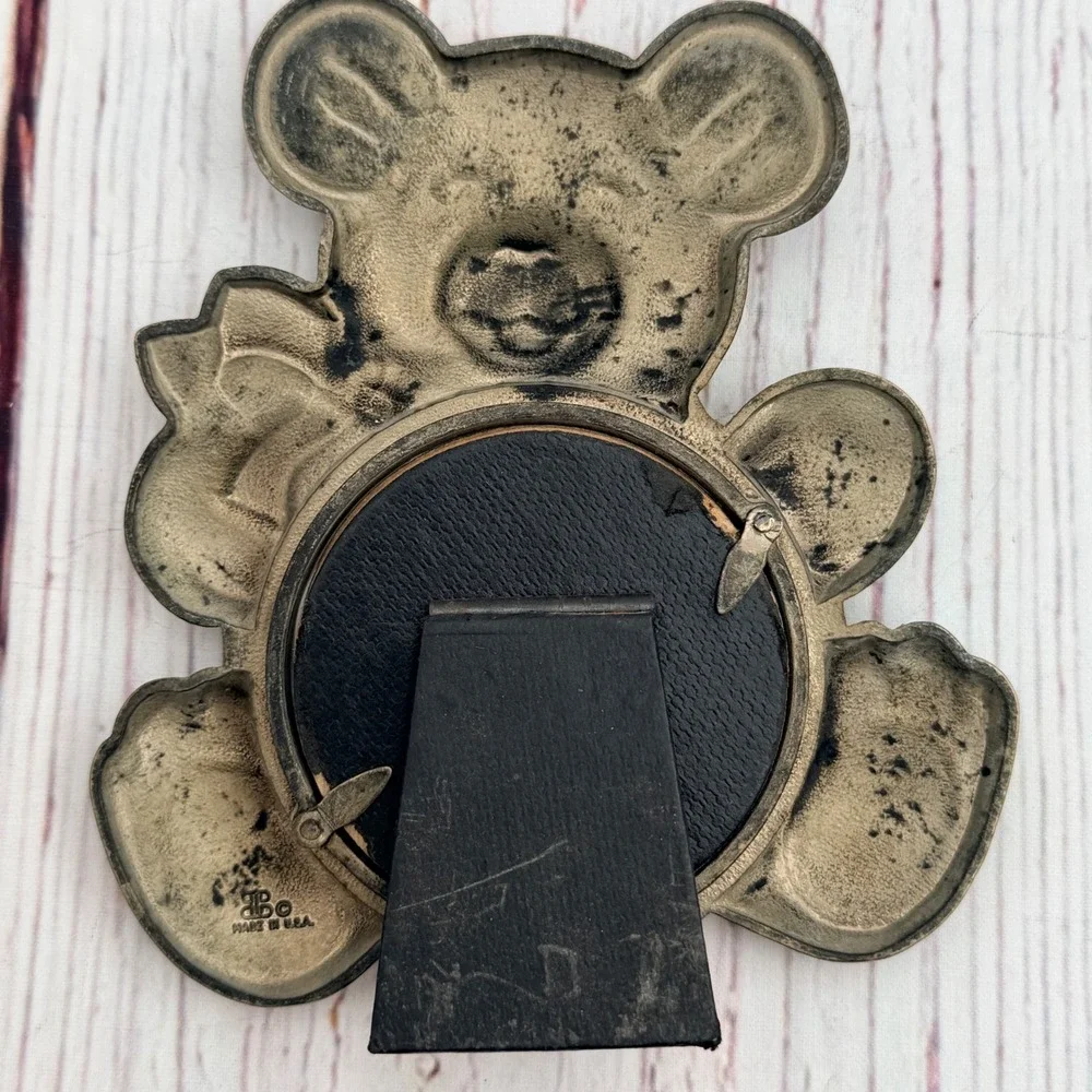 Vintage Teddy Bear Picture Frame Art Decoupage Mouse Pewter Tone USA Made